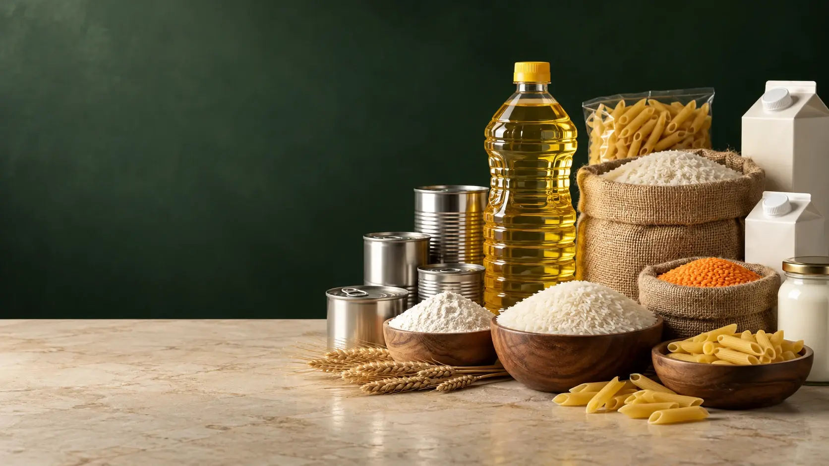 Illustrative selection of cooking oil, rice, pasta, lentils and packaged pantry essentials