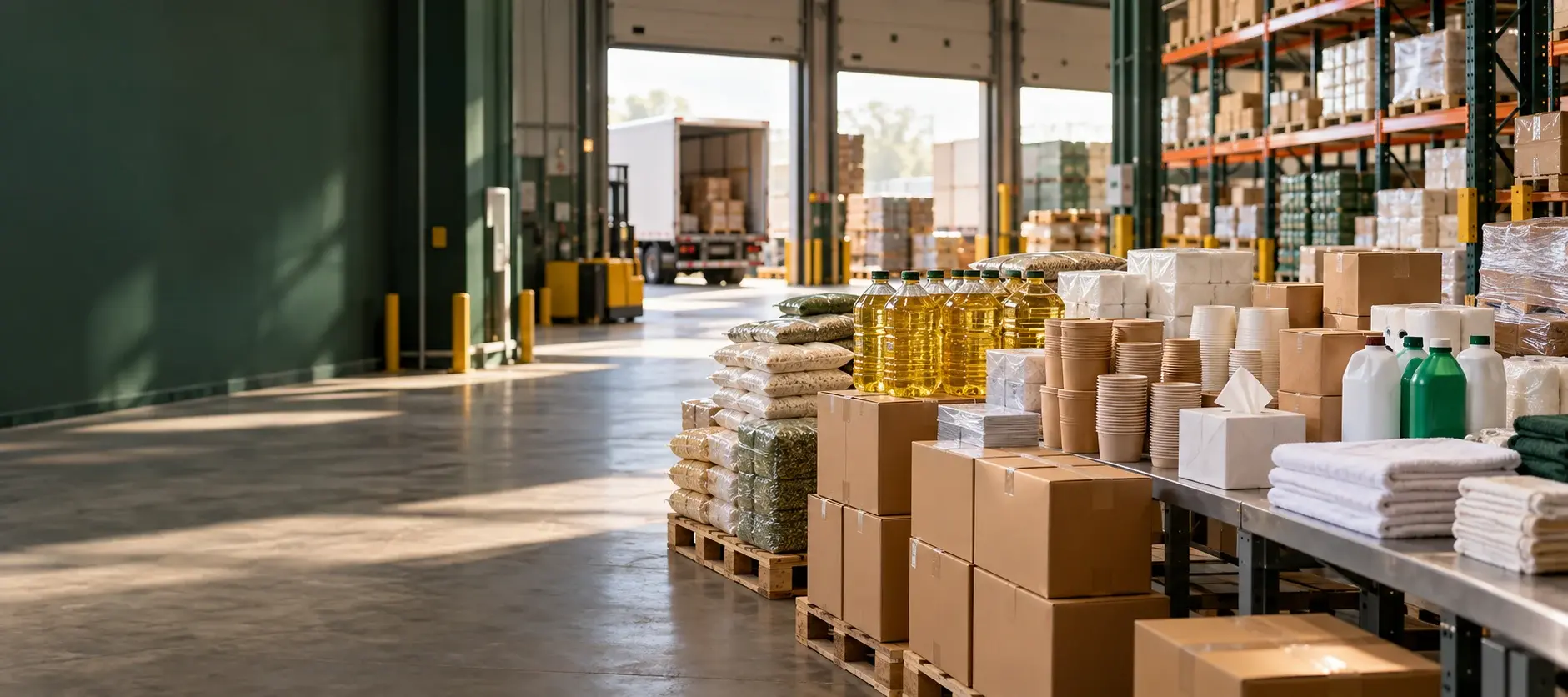 An illustrative distribution setting with food, packaging, cleaning and general supplies